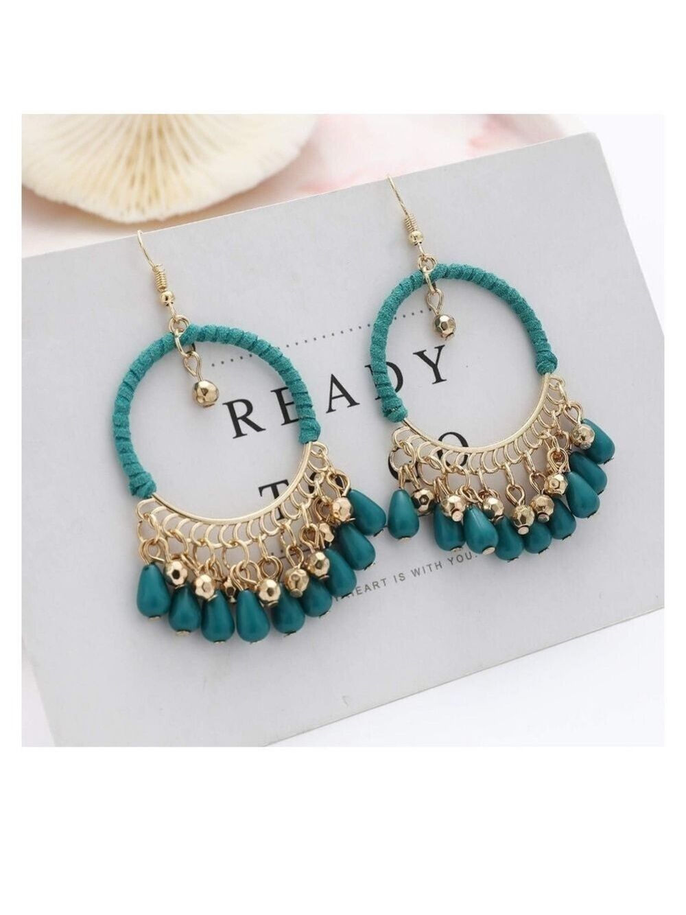 Elegant Bohemian Gold and Teal Dangle Earrings